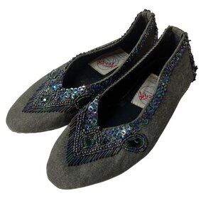 Meeka Womens Embellished Beaded Sequin Flats US 5 Gray Slip-On Shoes Size 37